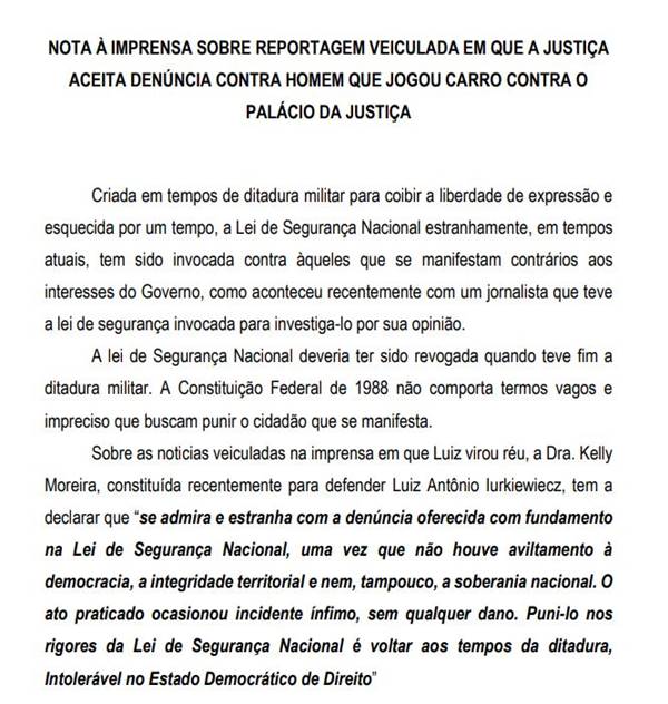 Nota da defesa de homem que jogou carro contra Ministério da Justiça