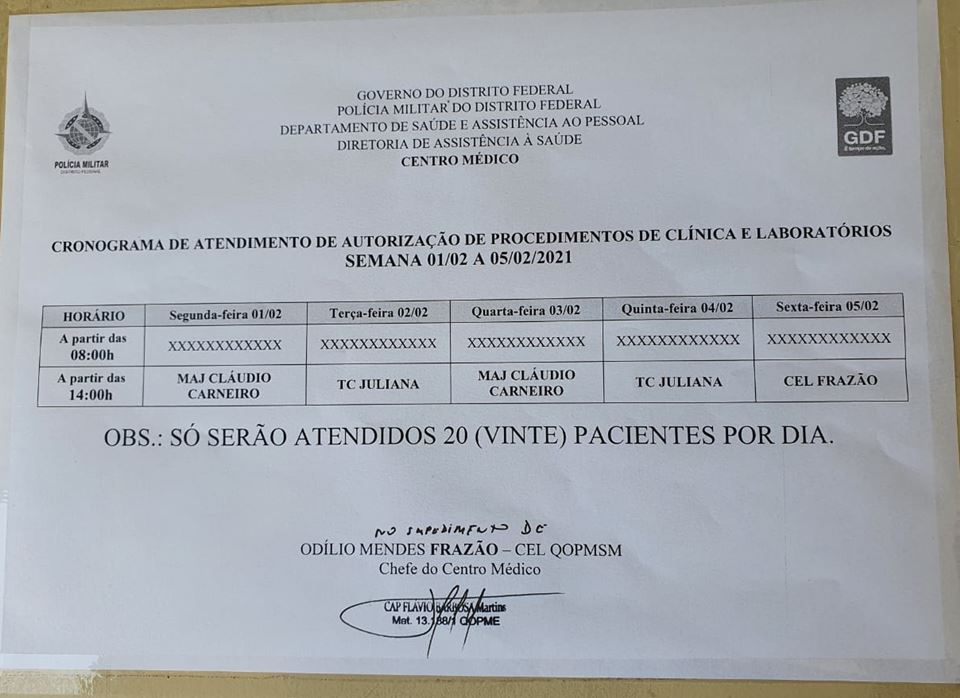 Cronograma de atendimento PMDF