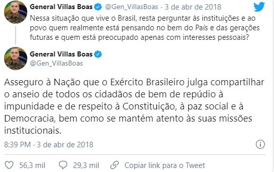 General Eduardo Villas Bôas no Twitter sobre Lula