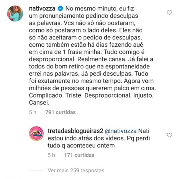 Comentário de Nati Vozza no Instagram