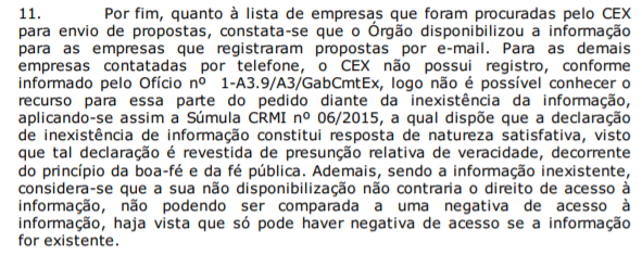 Imagem com texto de resposta do Exército ao pedido de acesso à informação