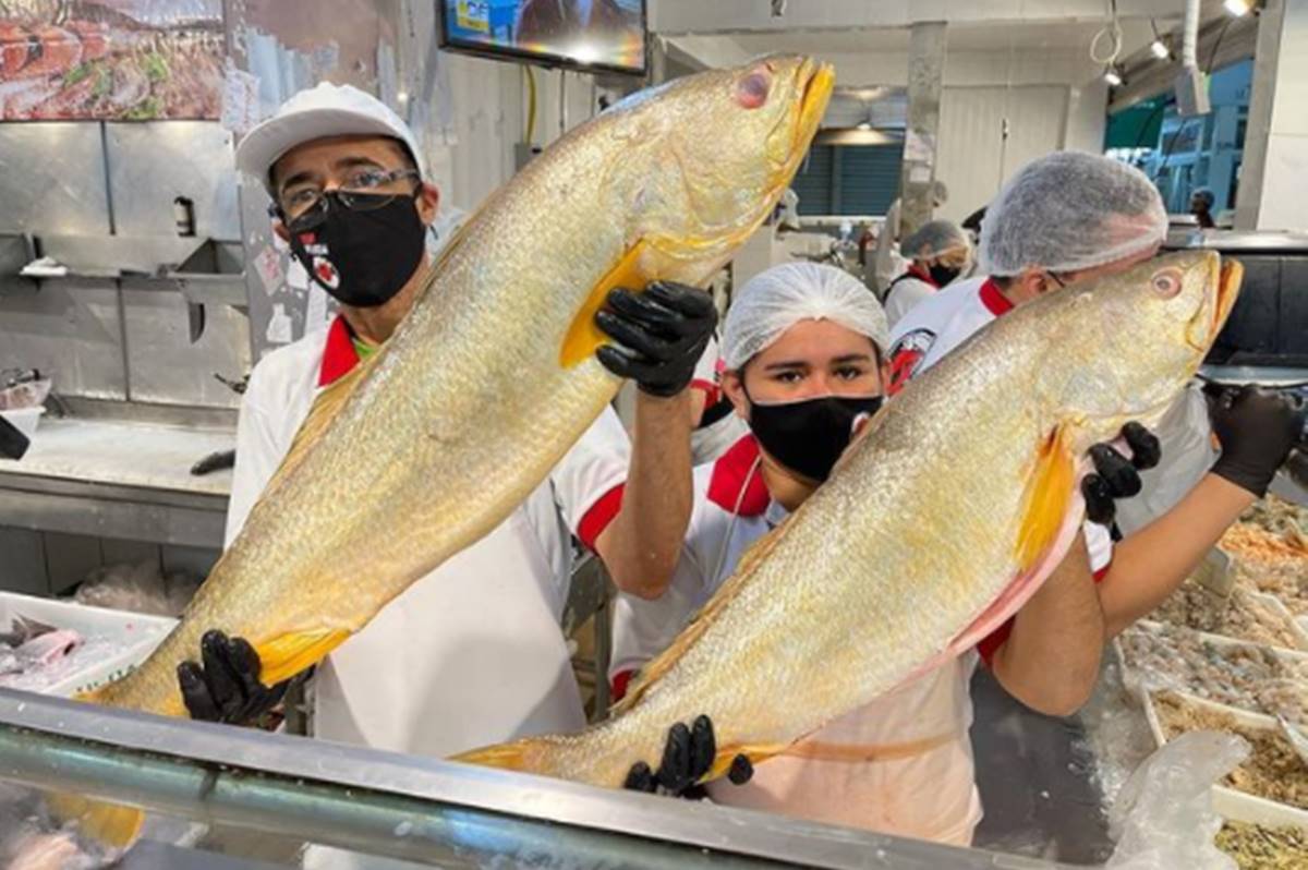 Um homem e uma mulher seguram um peixe inteiro cada um