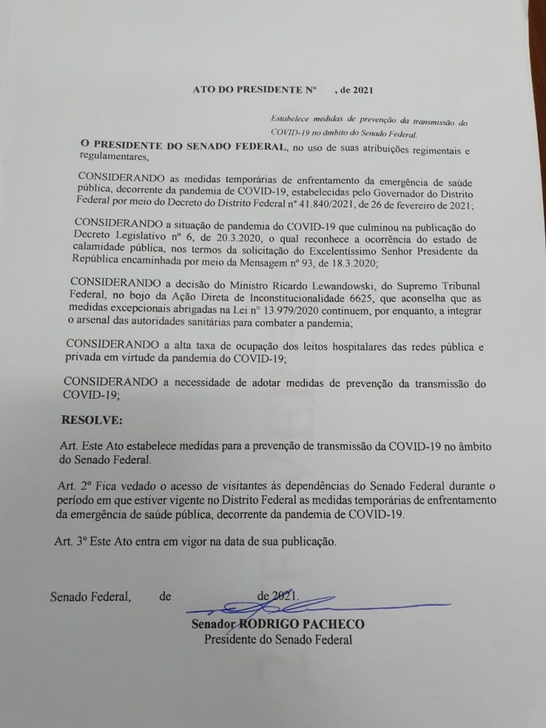 Presidente do Senado publica ato para restringir acesso à Casa na pandemia de Covid-19