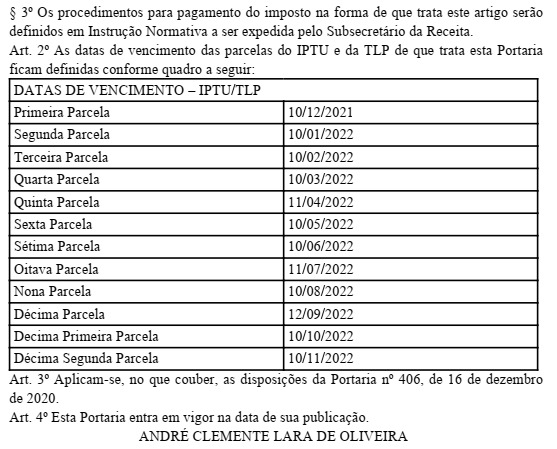 Datas de vencimento IPTU/TLP