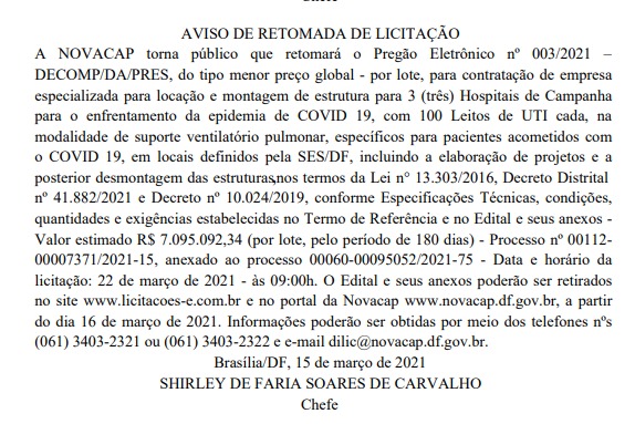 Retomada de licitação hospitais de campanha