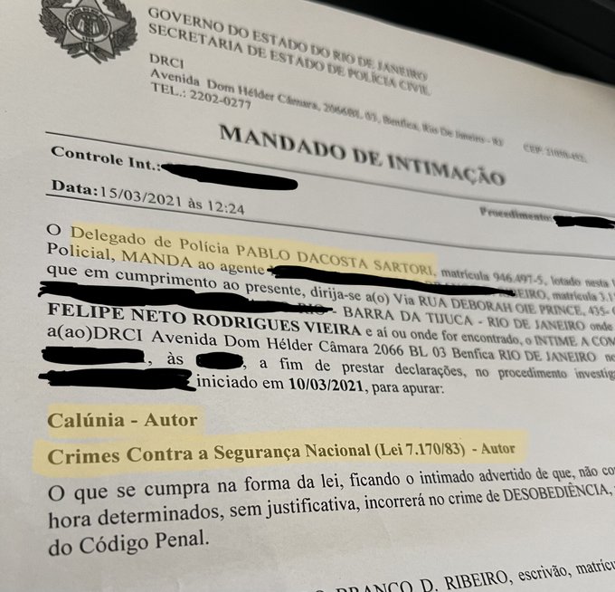 Intimação de Felipe Neto