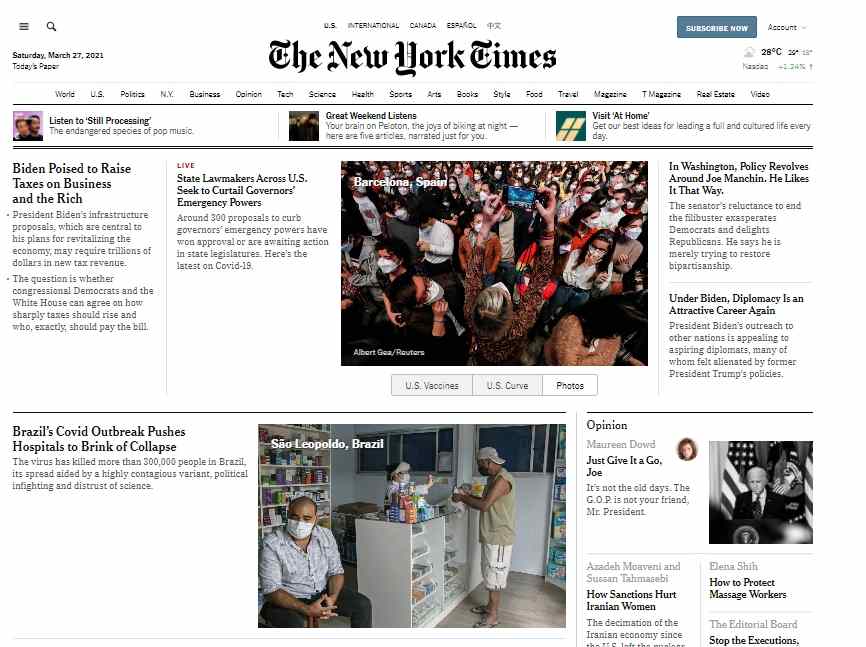 Matéria do jornal norte-americano The New York Times sobre a Covid-19 no Brasil aparece na capa do site