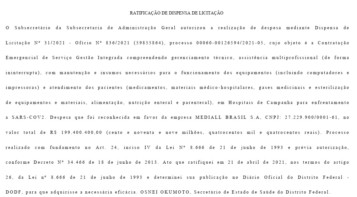 Contrato empresa hospitais de campanha no DODF