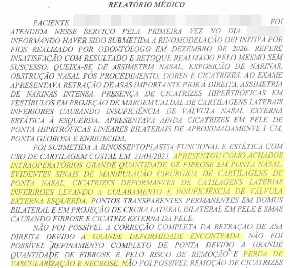 Laudo médico atesta rinoplastia em consultório odontológico