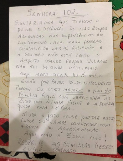 Carta enviada por um "pai de família" a Ana Paula Benatti, de 22 anos, por ter usado roupas "vulgares"