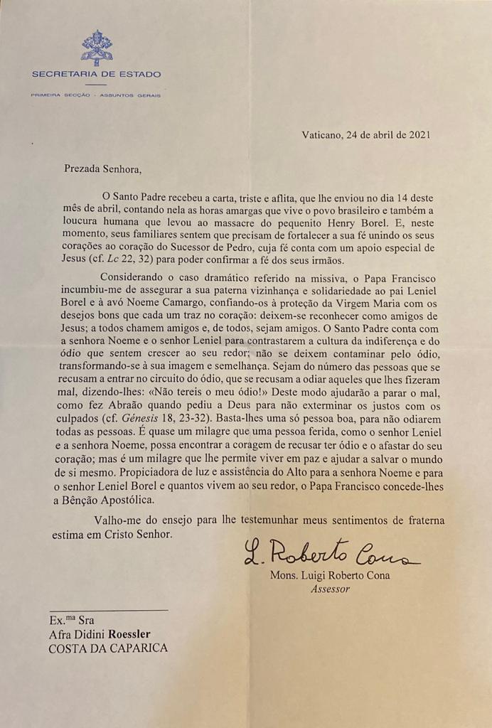 Carta enviada a Leniel Borel, pai do menino Henry Borel, com mensagem do papa Francisco