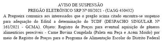 GDF cancela pregão de carne bovina para escolas