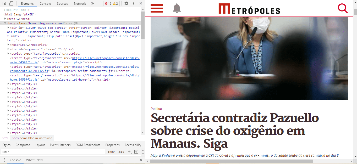 Exemplo de como inspecionar o código o código-fonte de um site