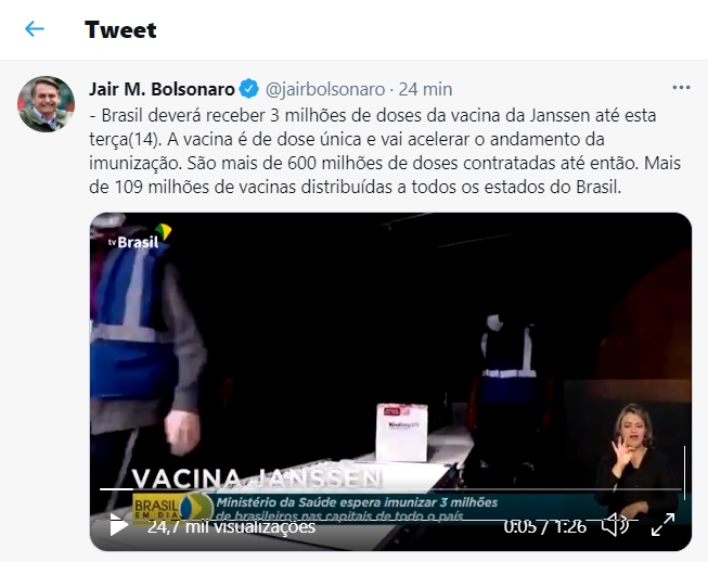 Post do presidente diz que as vacinas da Janssen chegarão até esta terça (15/6), mas data foi adiada