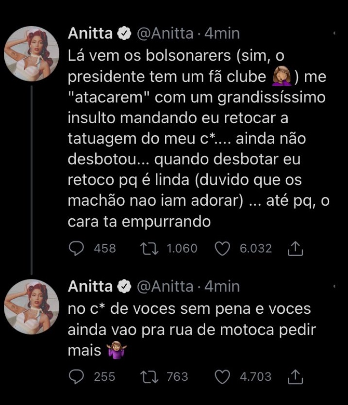 Anitta critica Bolsonaro