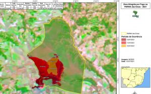 mapa da área atingida pelo incêndio no parque nacional das emas, em goiás