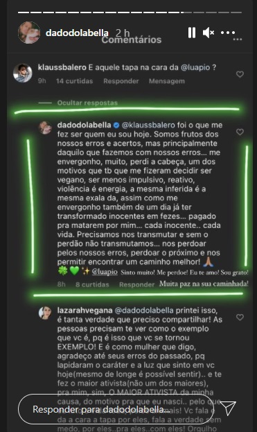 Dado comentou uma publicação e aproveitou para se desculpar com Luana