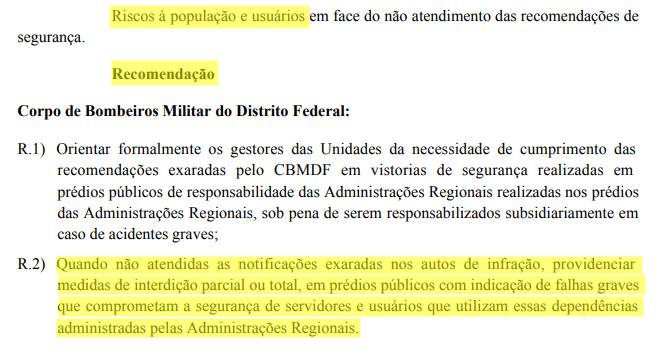 Recomendação da CGDF para o Corpo de Bombeiros