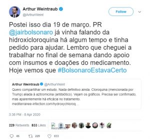 Arthur Weintraub exclui tuíte em afirmava trabalhar na captação de mais medicamentos para uso precoce contra a Covid-19.