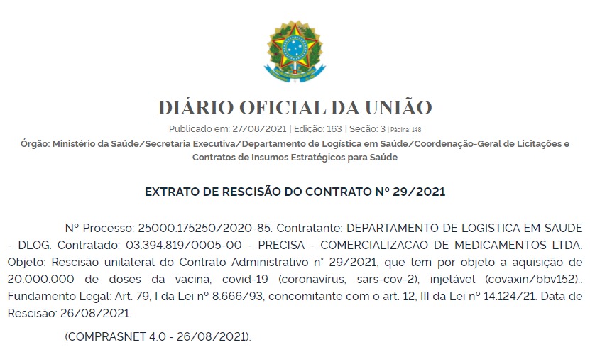 Governo rescinde contrato com a Precisa Medicamentos para compra da Covaxin