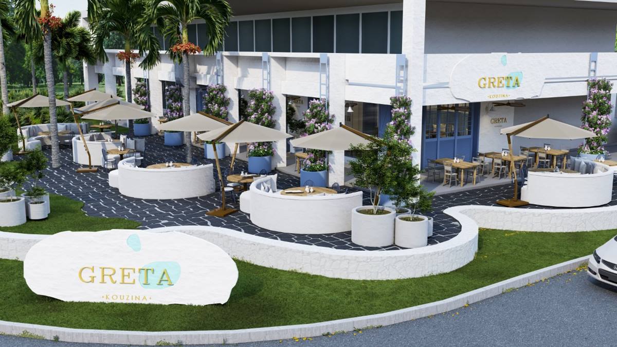 projeto de restaurante mostra lounges cobertos por guarda-sois