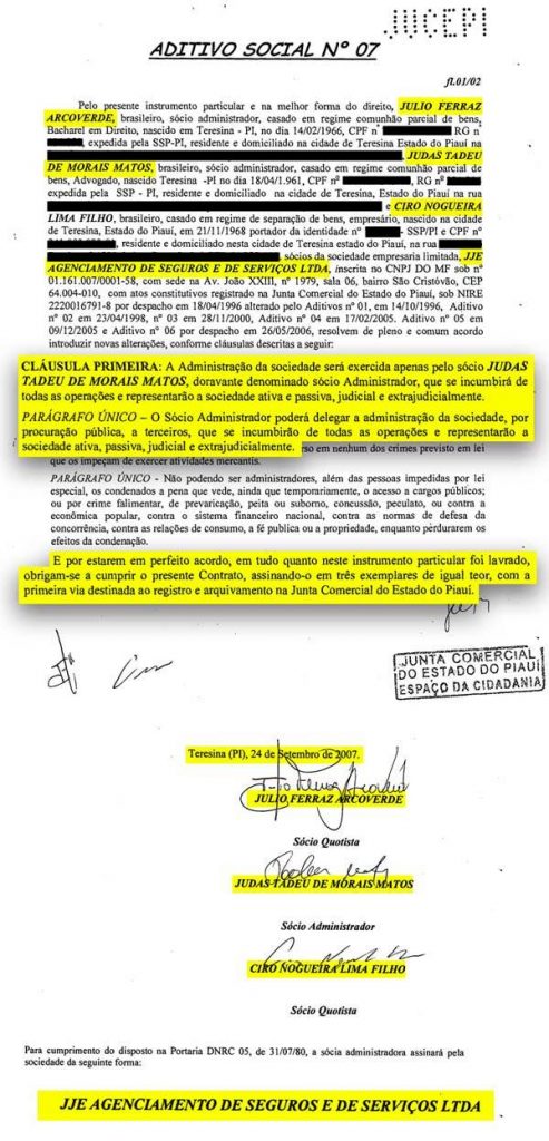 Ato assinado por Ciro Nogueira, em 2007, sobre a JJE Agenciamento de Seguros