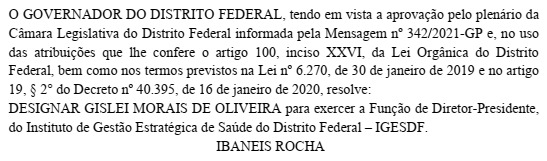 Nomeação Gislei Morais para o Iges DF