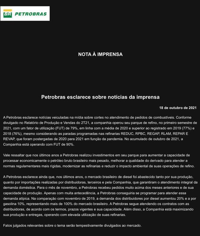 Petrobras diz que pedidos de combustíveis para novembro estão acima da capacidade de produção