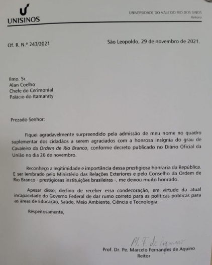 reitor da unisinos rejeita condecoração do Itamaraty