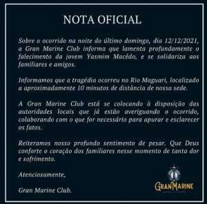 Empresa Grand Marine lamenta a morte da jovem