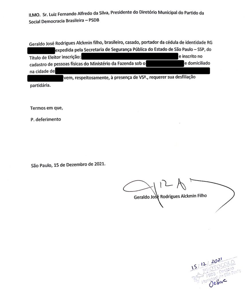 Carta de desfiliação de Geraldo Alckmin do PSDB