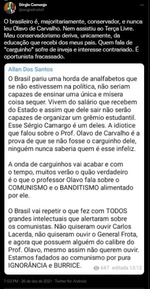 Mensagem no Twitter expõe briga entre Sérgio Camargo e Olavo de Carvalho