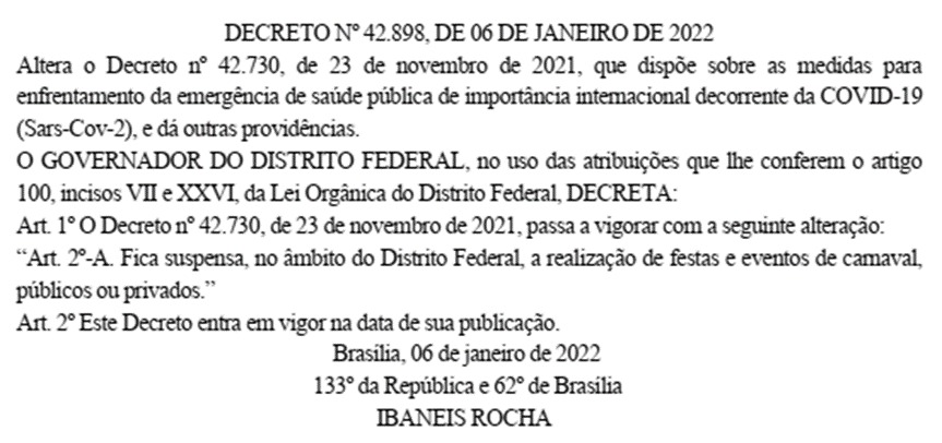 Decreto proíbe festas de Carnaval no DF