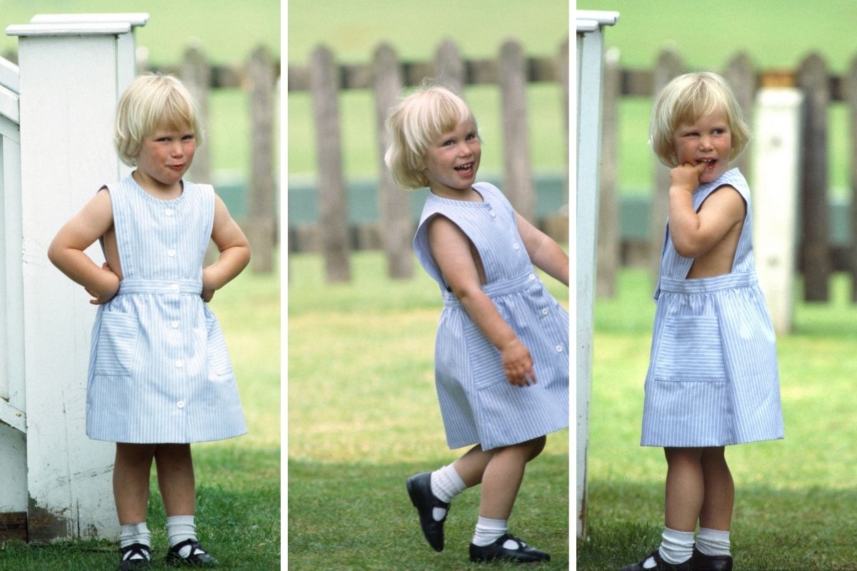 Montagem com três fotos de menina loira fazendo poses. Na primeira imagem, ela está com as mãos na cintura. Na segunda, aparece sorrindo. Já na terceira, está com o dedo na boca