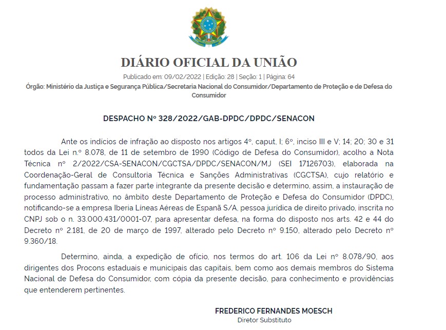 Processo administrativo contra a Iberia publicado no DOU