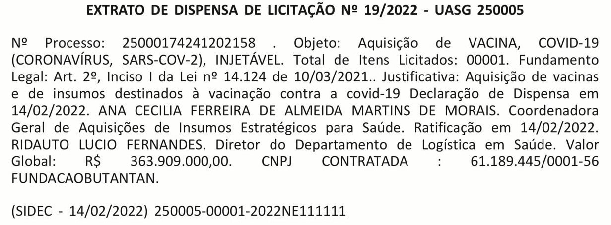 extrato da dispensa de licitação coronavac