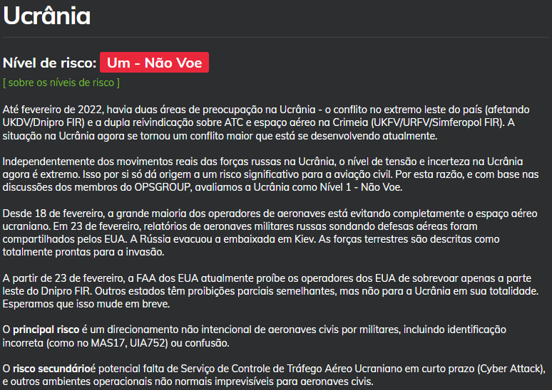 alerta de risco para sobrevoar ucrânia
