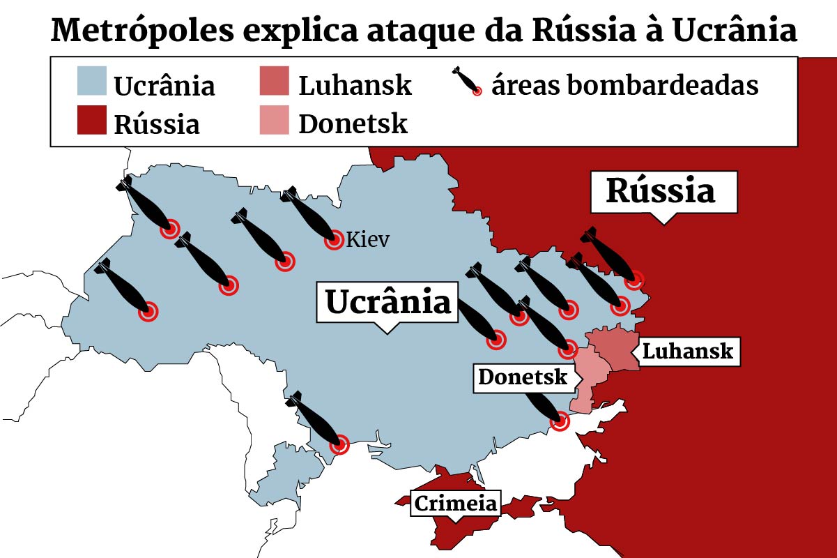 Arte mostra a fronteira da Rússia e a Ucrânia pontuando as áreas dos dois países, as províncias separatistas e áreas bombardeadas - Metrópoles