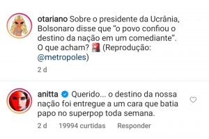 anitta decha de fala de bolsonaro sobre o presidente ucraniano