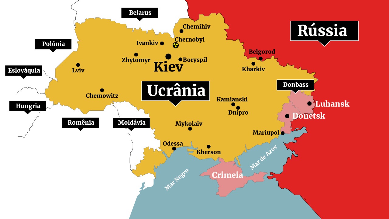 Na imagem, as primeiras ocupações russas e o avanço após a invasão