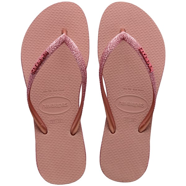 Modelo de chinelo da Havainas na cor rosa com glitter nas correias e na sola