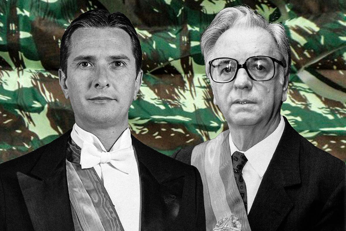 O ex-presidente do Brasil Fernando Collor em montagem ao lado do também ex-presidente Itamar Franco, seu sucessor, ambos em preto e branco. Ao fundo, uma estampa militar - Metrópoles