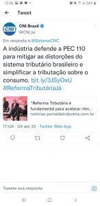 Postagem da CNI, a favor da reforma tributária