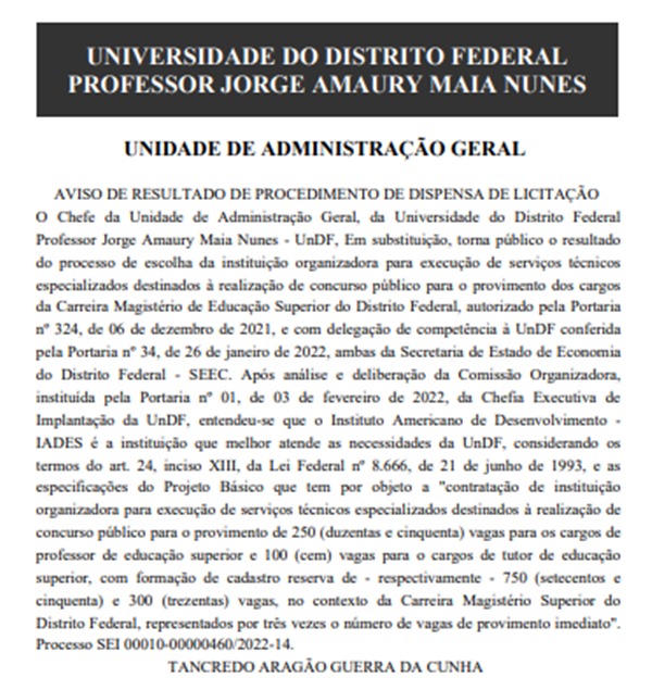 Iades assume banca de concurso da UnDF