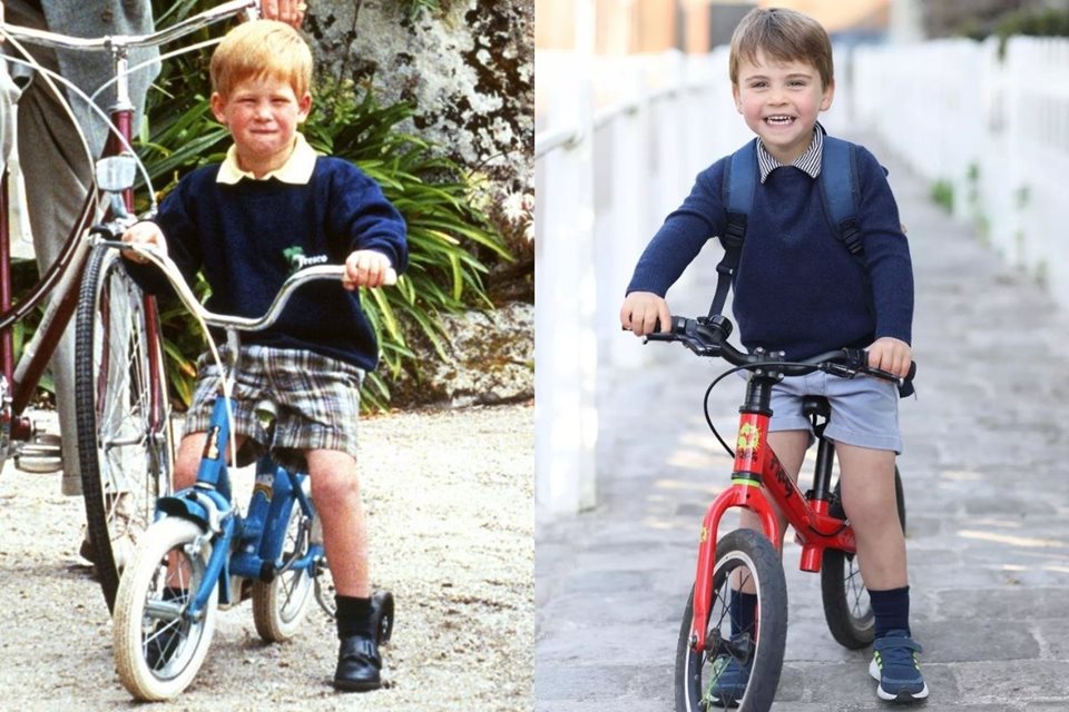 Montagem de fotos coloridas do príncipe Harry e do príncipe Louis em uma bicicleta