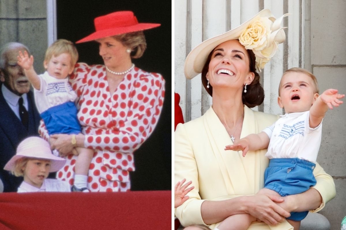 Montagem com fotos coloridas. Princesa Diana, príncipe Harry, Kate Middleton e príncipe Louis