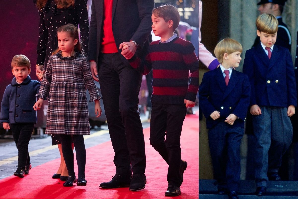 Montagem de foto colorida. Príncipes Louis, Charlotte, George, Harry e William