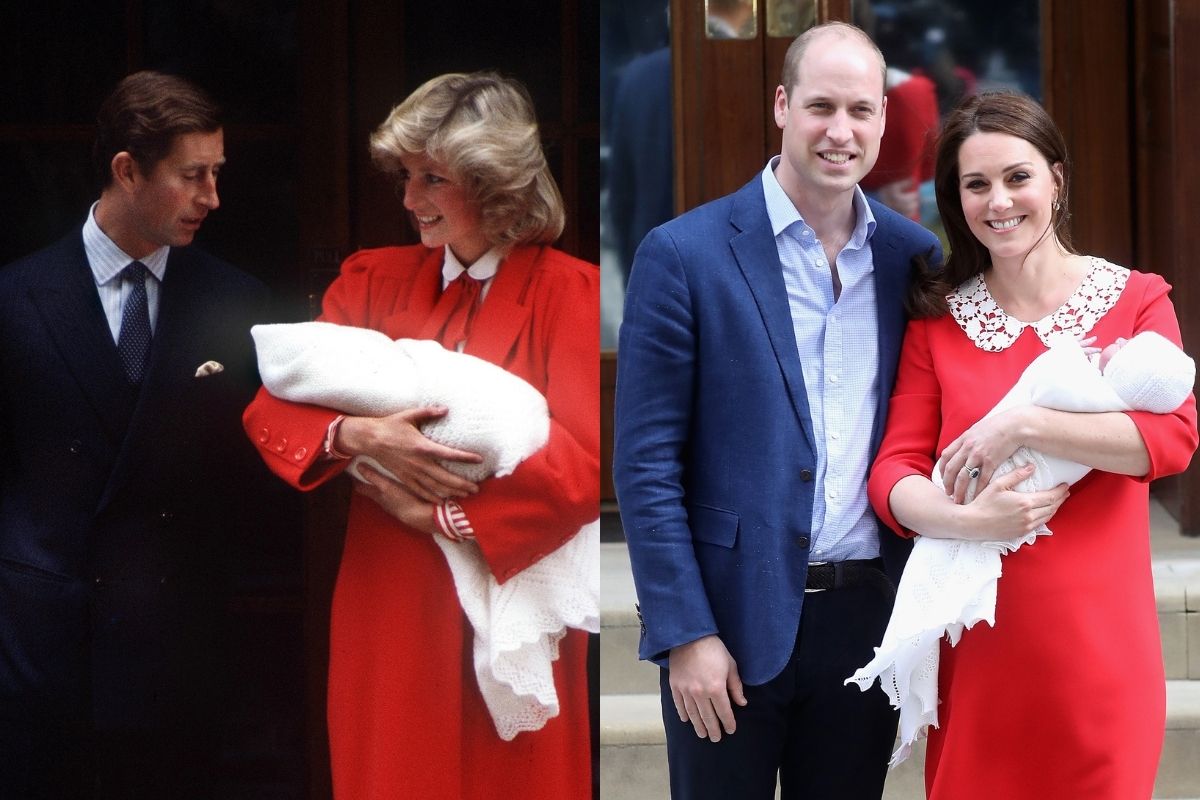 Montagem com duas fotos do Príncipe Charles, princesa Diana, Kate Middleton e príncipe William