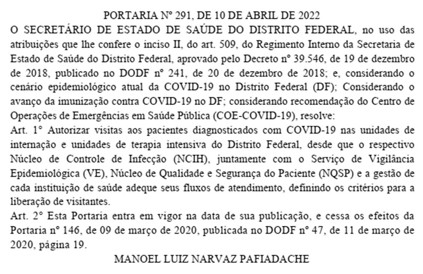 GDF libera visitas a pacientes com Covid