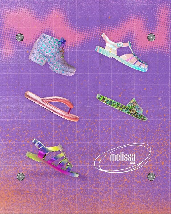 Ilustração com fundo roxo brilhoso com cinco modelos de sapatos da marca melissa, também coloridos. A peça publicitária divulga os calçados que viraram NFTs e estão disponíveis para compra no metaverso.